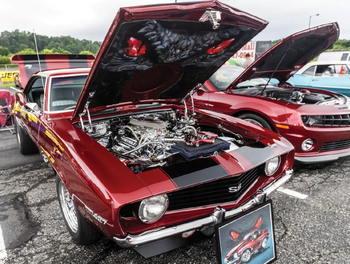 1969 Camaro RSSS burgundy with black stripes chrome 427 big block custom hood mural
