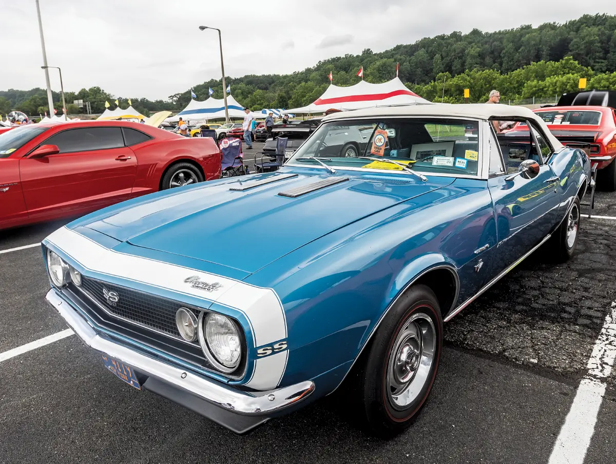 1967 Camaro SS blue with white nose stripe redline tires rally wheels