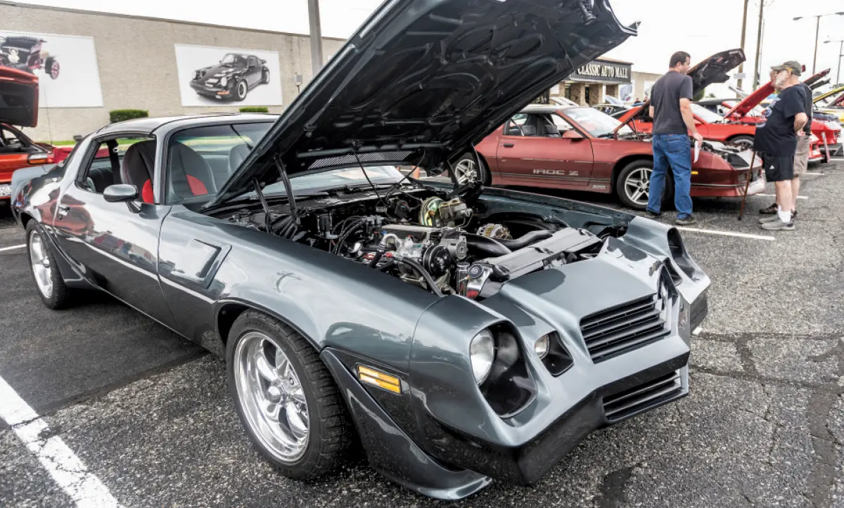 1980 Camaro Z28 charcoal paint LS swap billet pulley system Pro Touring stance