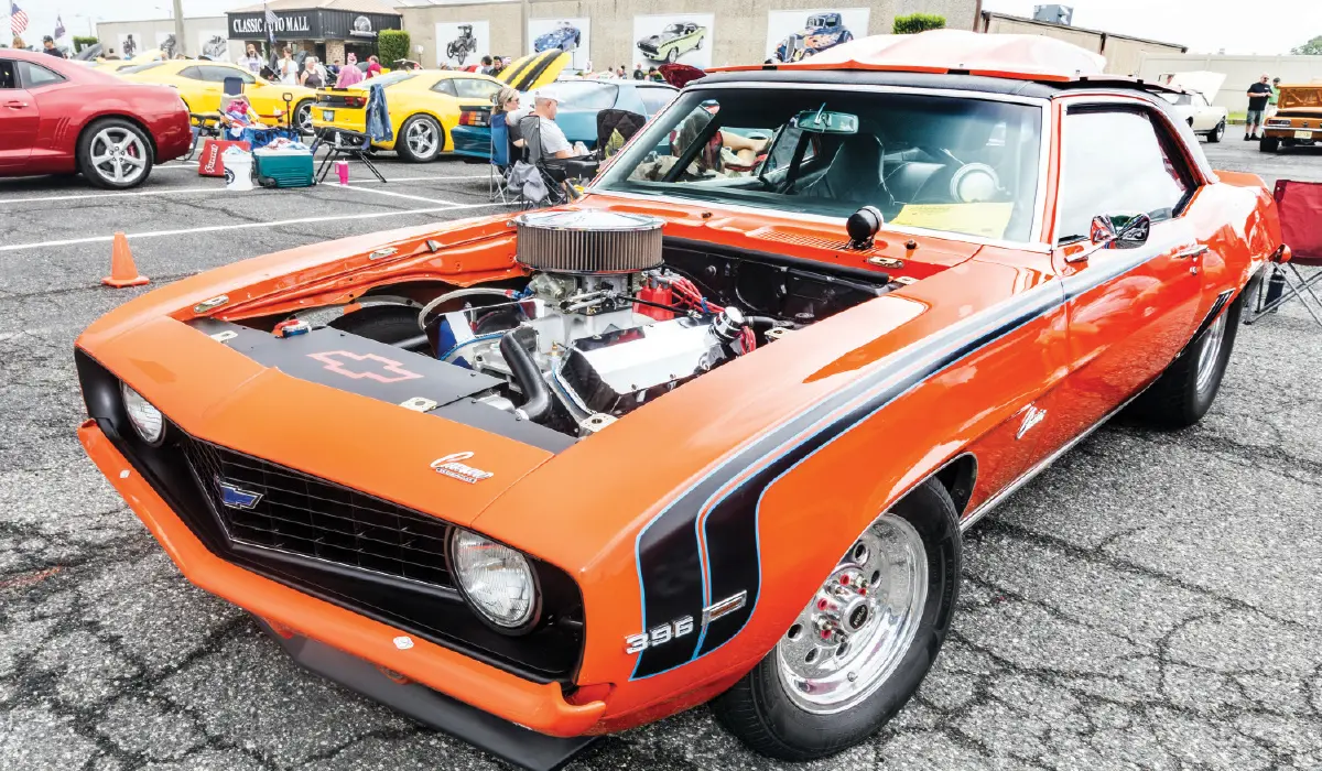 1969 Camaro 396 RS orangeblack Yenko stripe drag setup