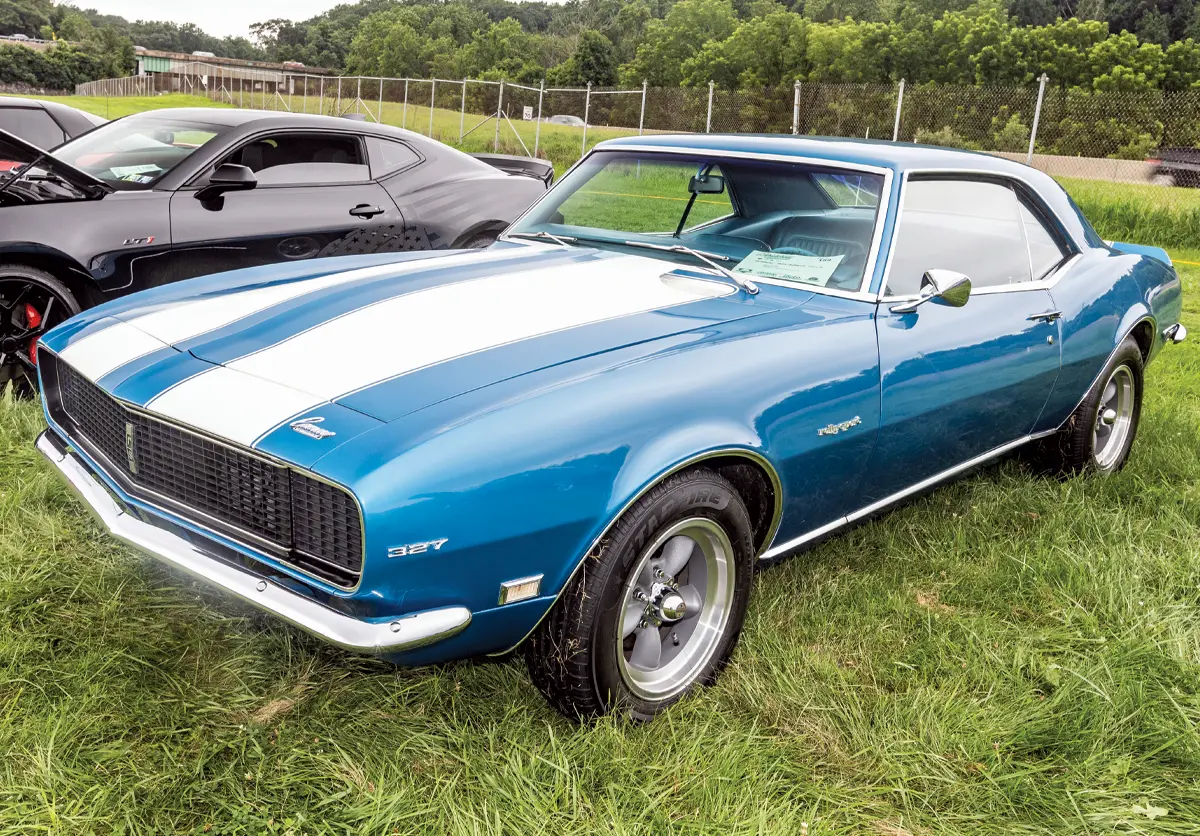 1968 Camaro 327 coupe bluewhite stripes Torq Thrust wheels