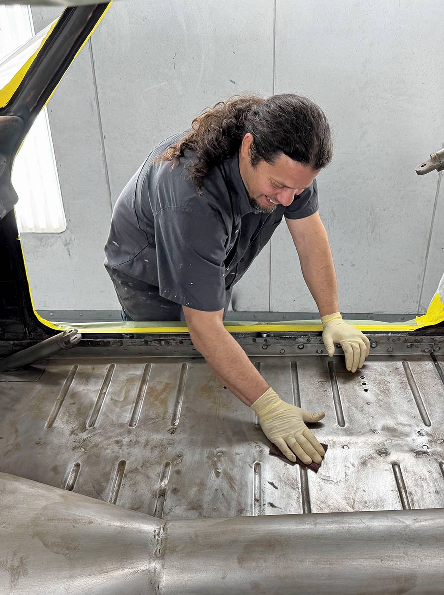 Floor pan prep on 1963 Chevy Nova interior bare metal exposed