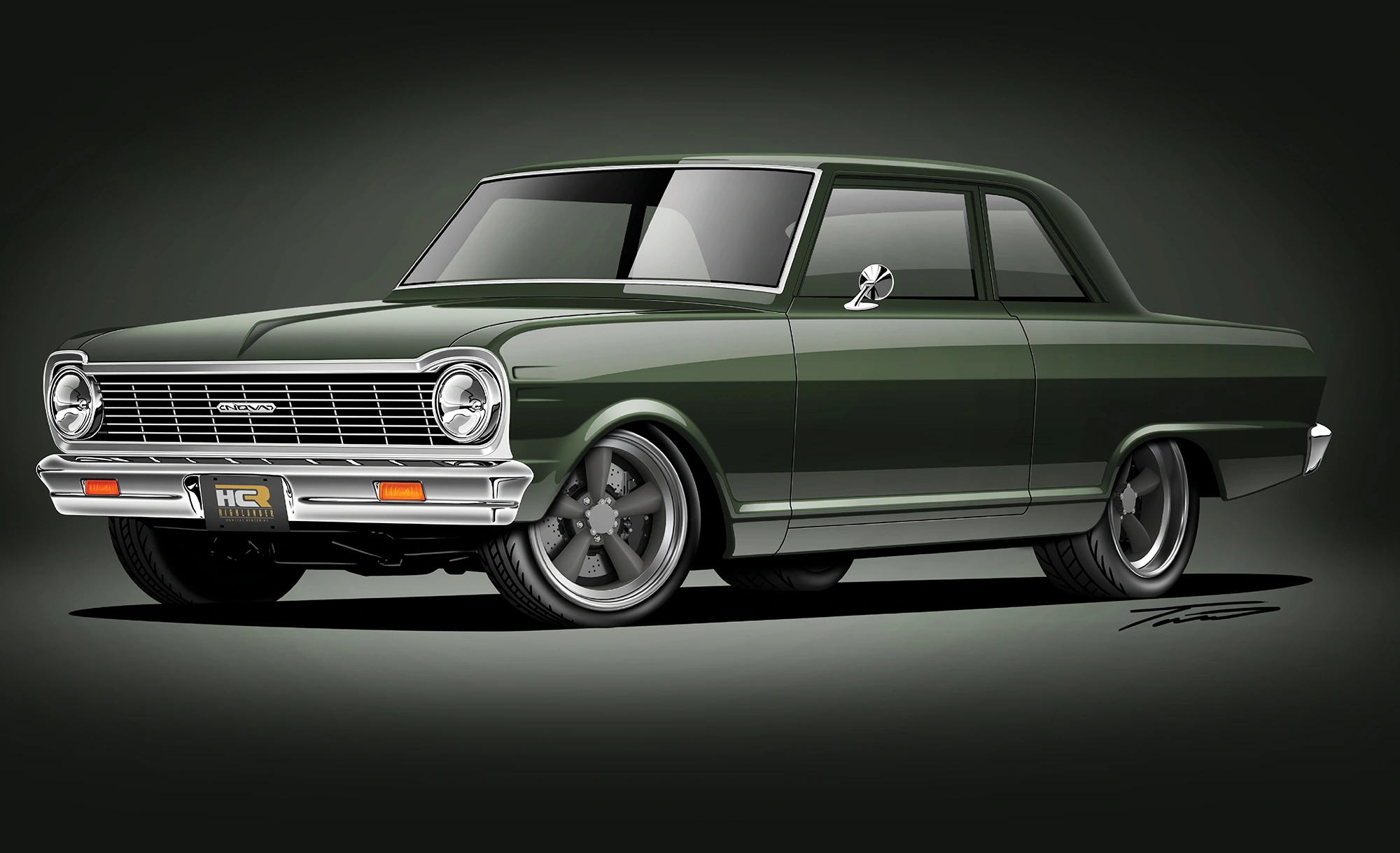 A digital rendering of a classic green car with black rims and a chrome grille.