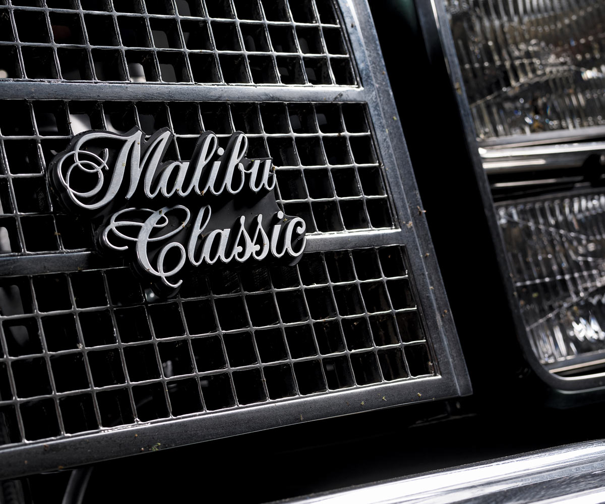 1977 Chevy Malibu Classic emblem grille chrome detail shot