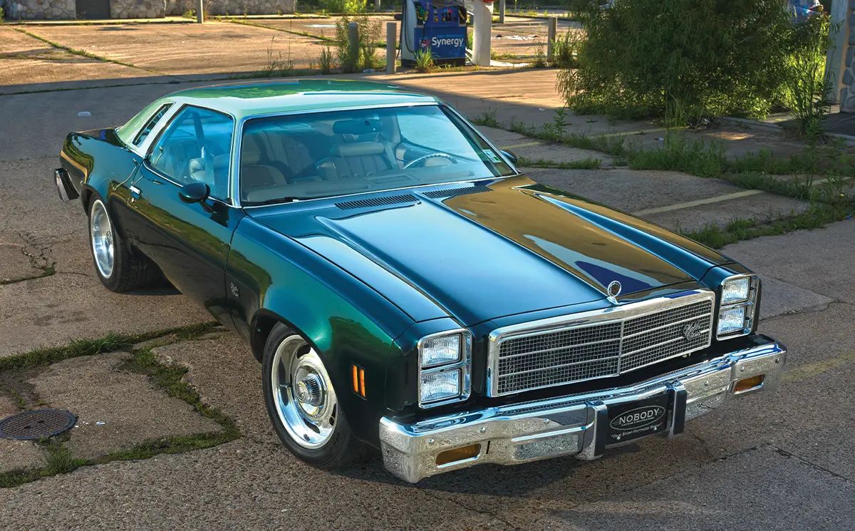 1977 Chevy Malibu green paint top-down front angle