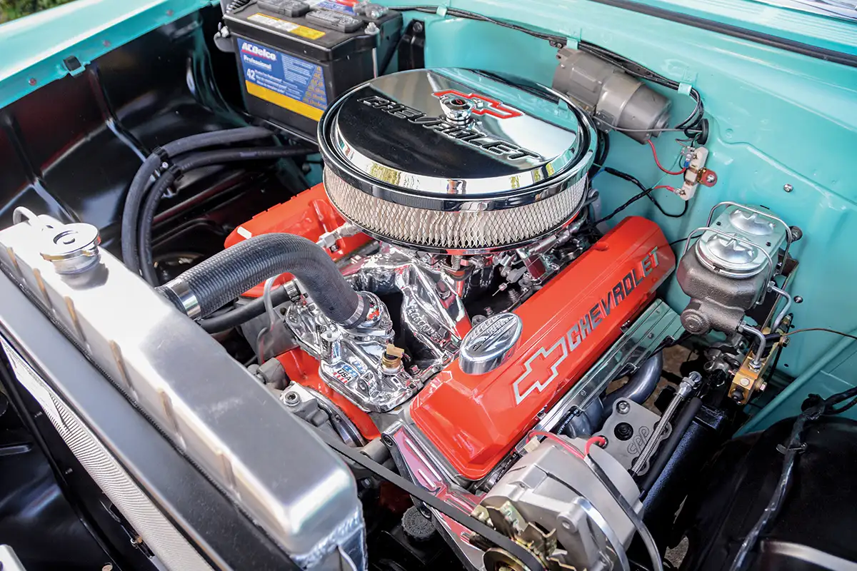 1955 Chevy Bel Air engine bay small block V8 Edelbrock AC Delco