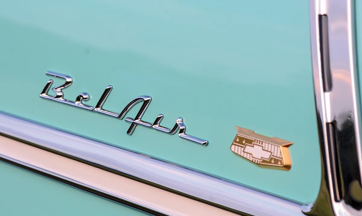 1955 Chevy Bel Air side emblem chrome Bel Air script gold crest