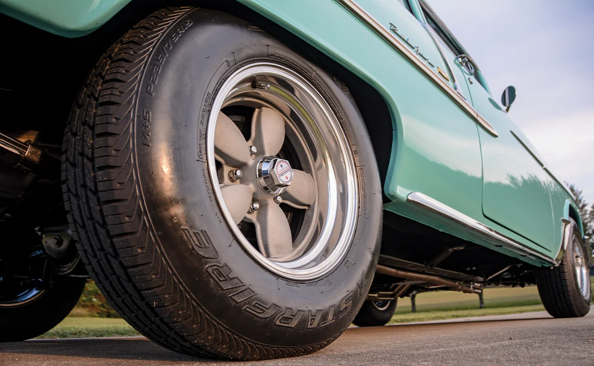 1955 Chevy Bel Air Cragar SS wheels Starfire tires side profile low angle