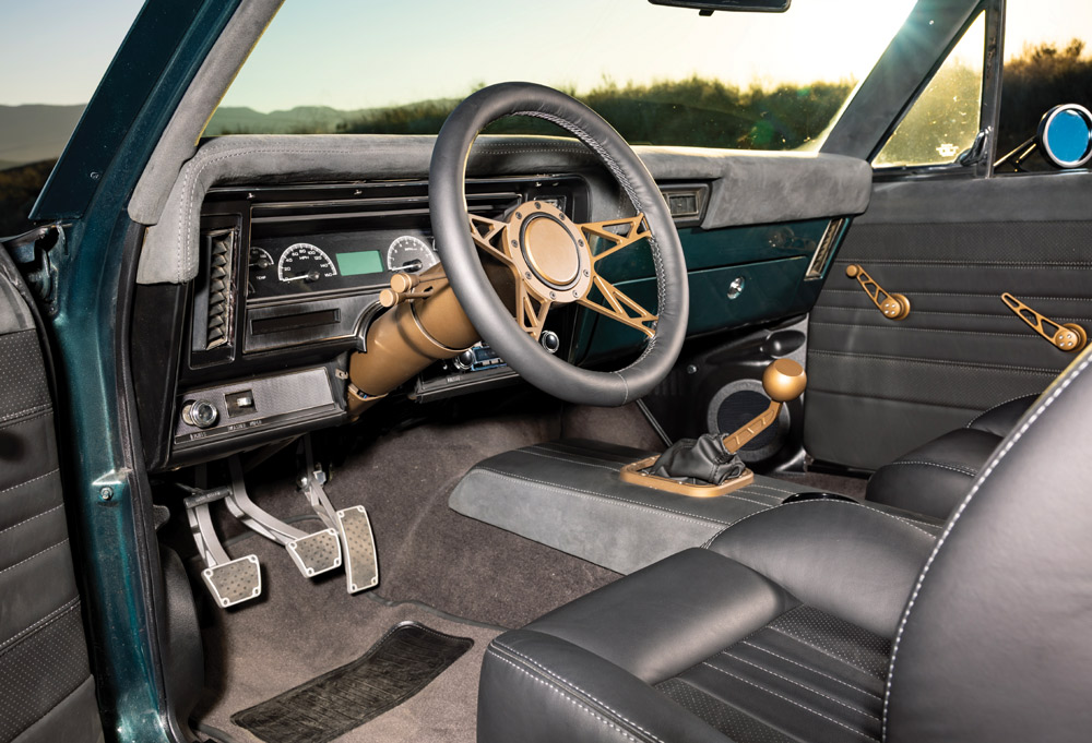 1972 Chevy Nova restomod interior leather seats billet trim custom dash