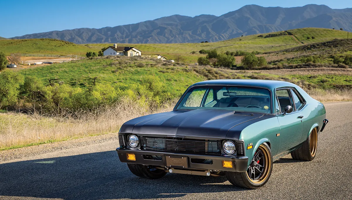 1972 Chevy Nova pro touring build LS1 gold accents digital dash leather interior