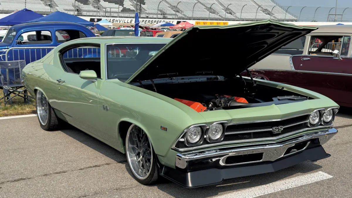 1969 Chevrolet Chevelle SS – light green, modern wheels, hood open