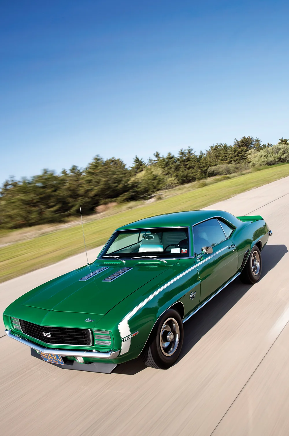 1969 Camaro SS 396 rallye green highway motion shot cowl induction stripes