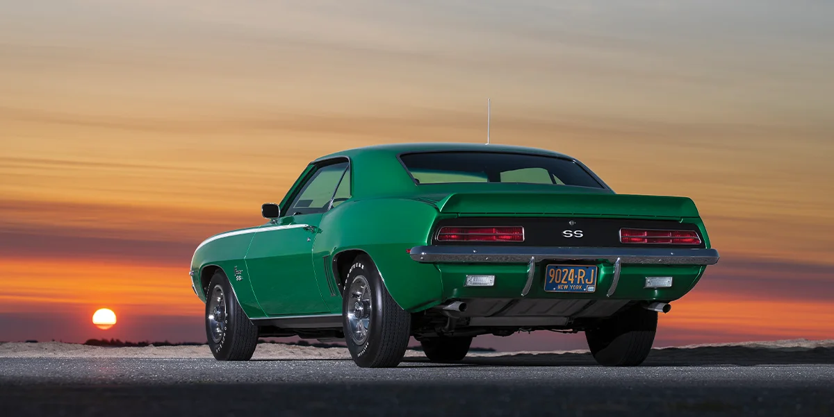 1969 Camaro SS rear sunset shot ducktail spoiler chrome bumper