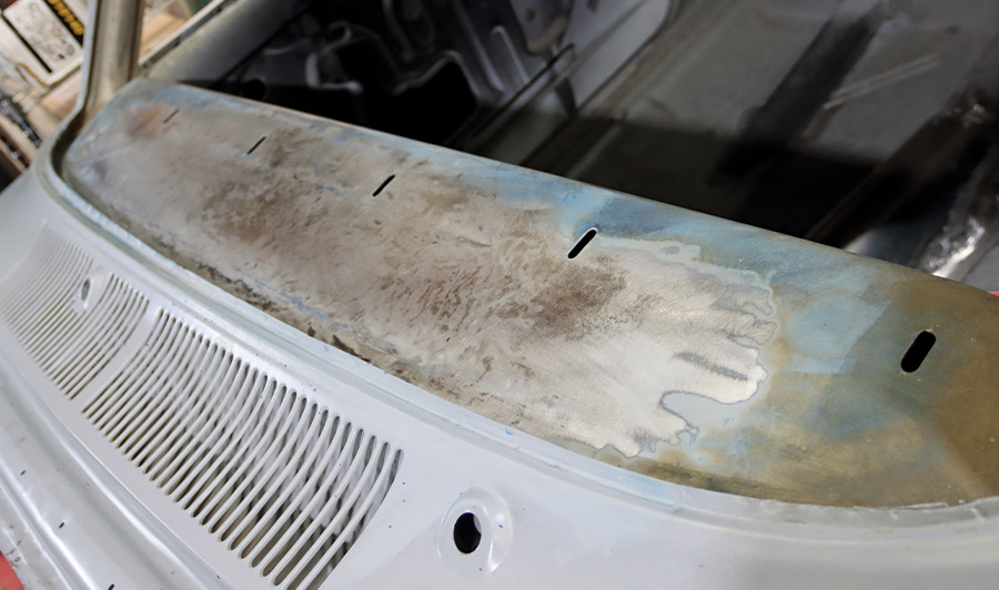 1967 Nova smoothed cowl metal finished surface removed factory vents for modern clean look