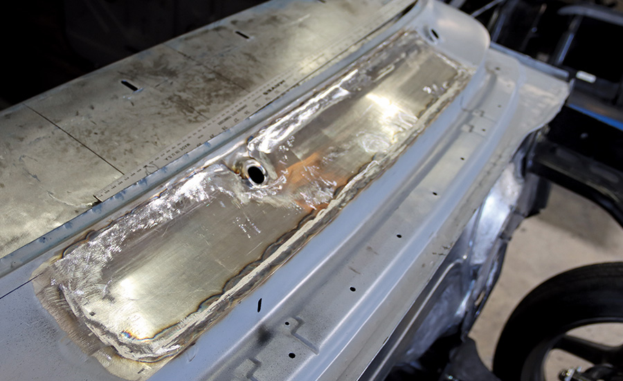1967 Nova cowl patch fully TIG welded and ground flush into windshield base channel
