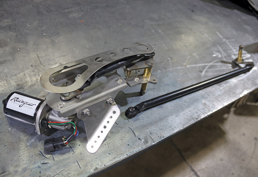 1967 Nova RainGear wiper motor system mocked up with billet linkage and CNC mounts