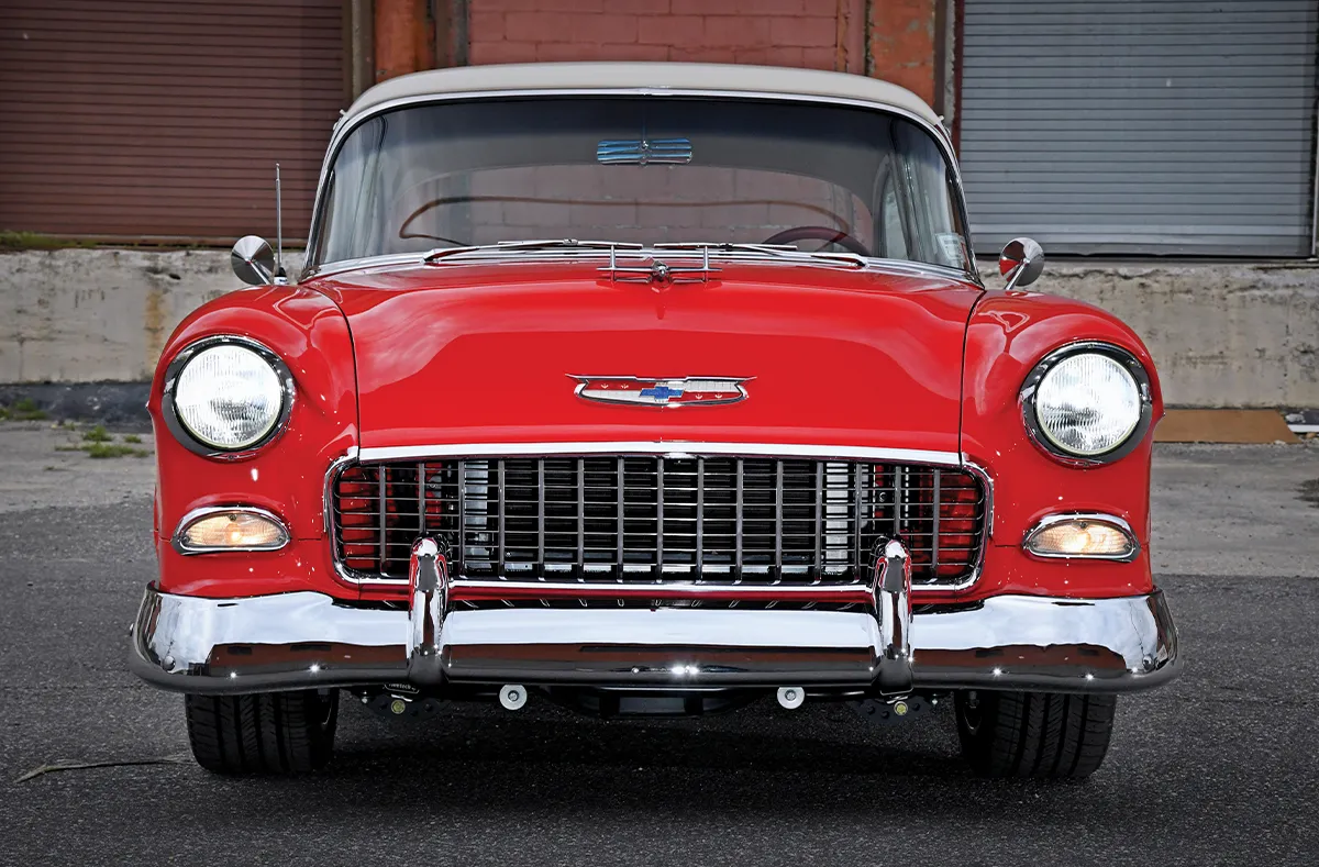 1955 chevy bel air front view chrome grille headlights red paint classic