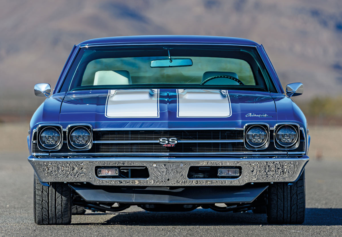 1969 Chevelle SS front view white rally stripes SS 427 badge LED headlights chrome bumper
