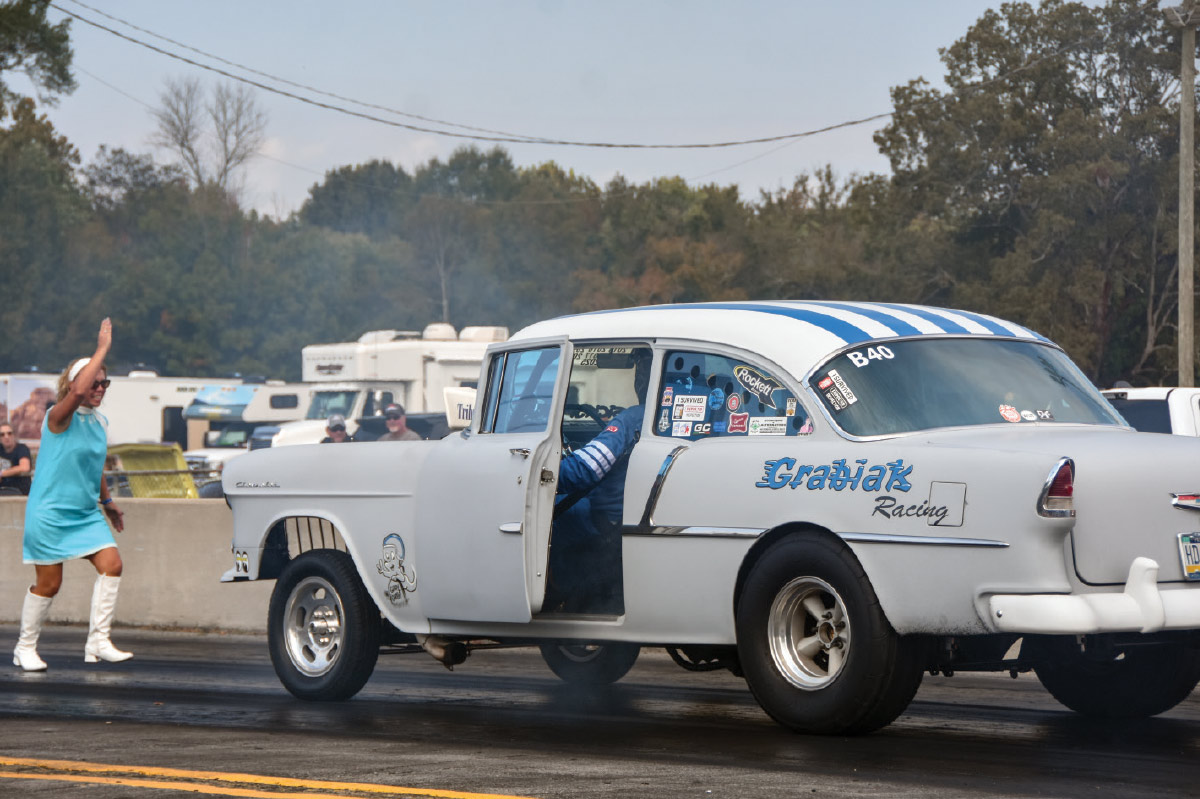 1955 Chevy Gasser Grabiak Racing flag start vintage drag strip attire