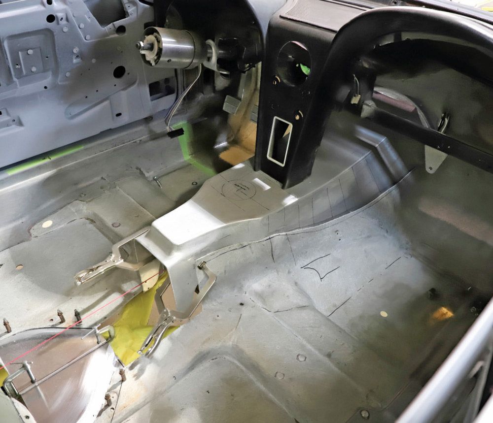 1965 Corvette interior floor structure with smoothed pans and dash bracing