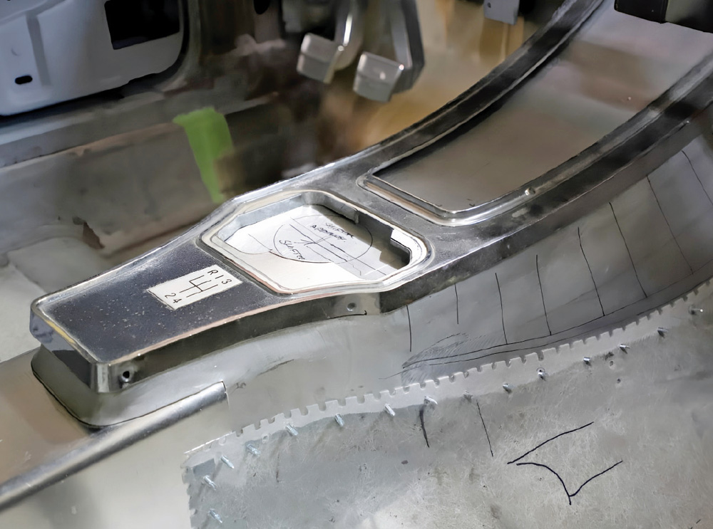 1965 Corvette console mock up with manual shifter plate and tunnel reshaping