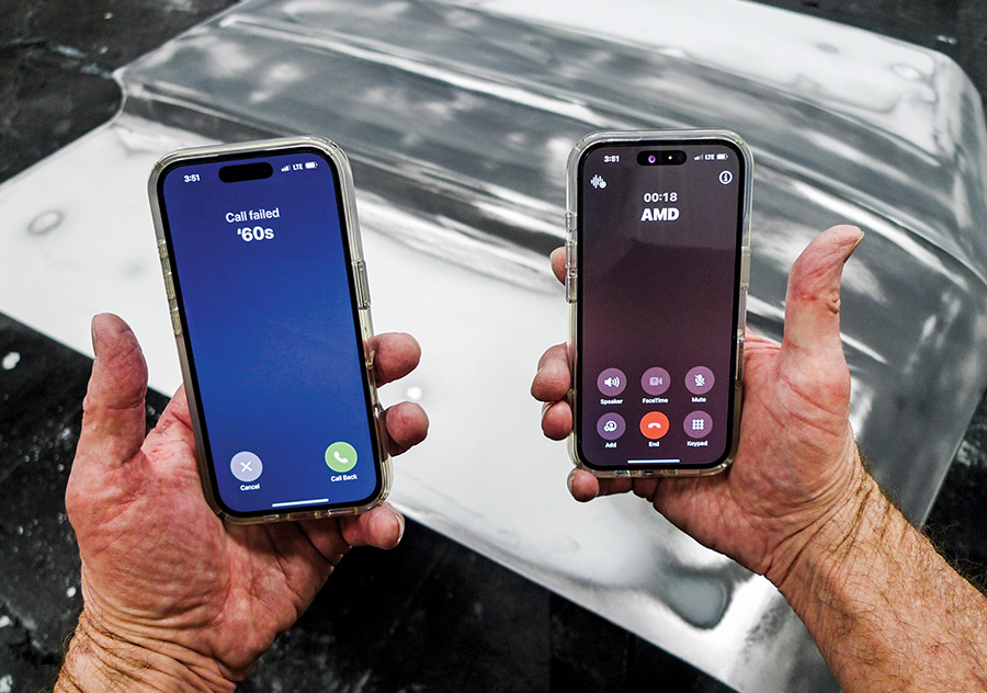 A person holding two iPhones showing a failed call and an active call to AMD (Auto Metal Direct) during a classic car restoration project.