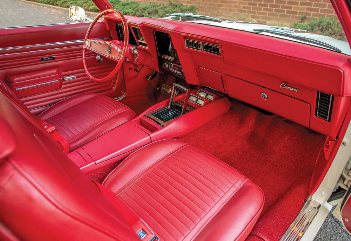 Interior view of the car's vibrant red cabin, including red bucket seats, red carpeting, and a red dashboard.