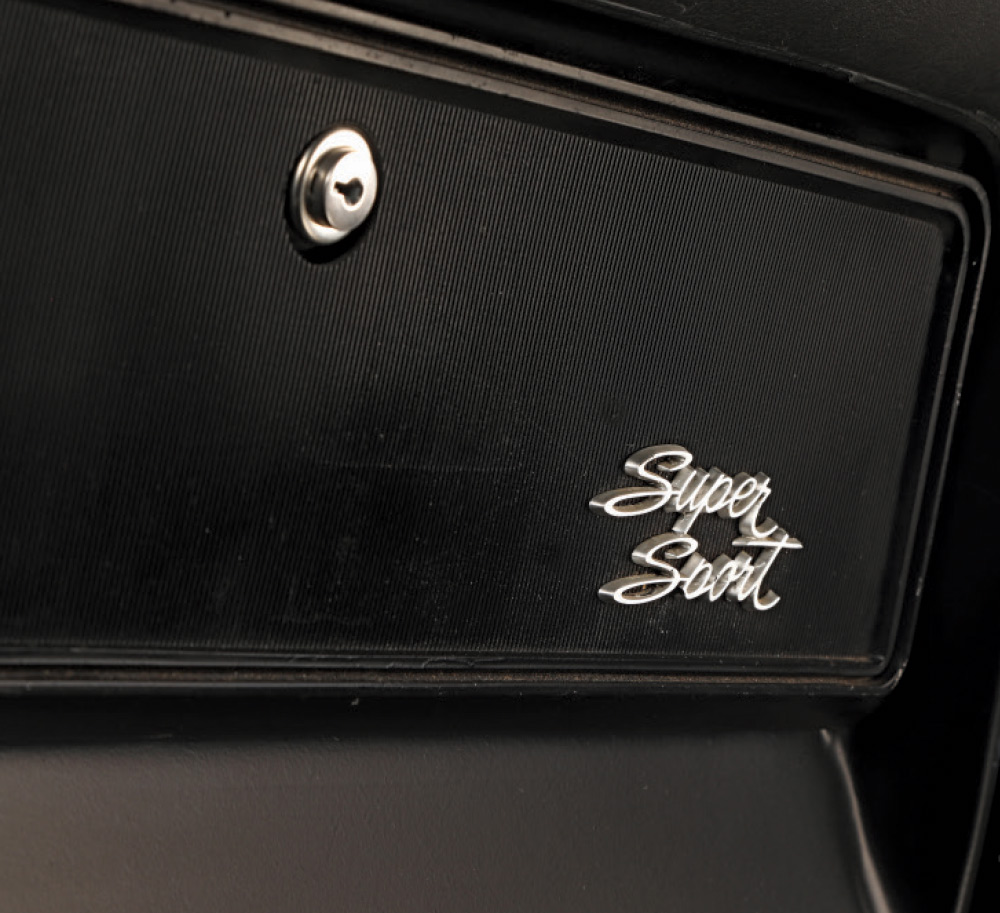 Close-up of "Super Sport" badge on a glove box.