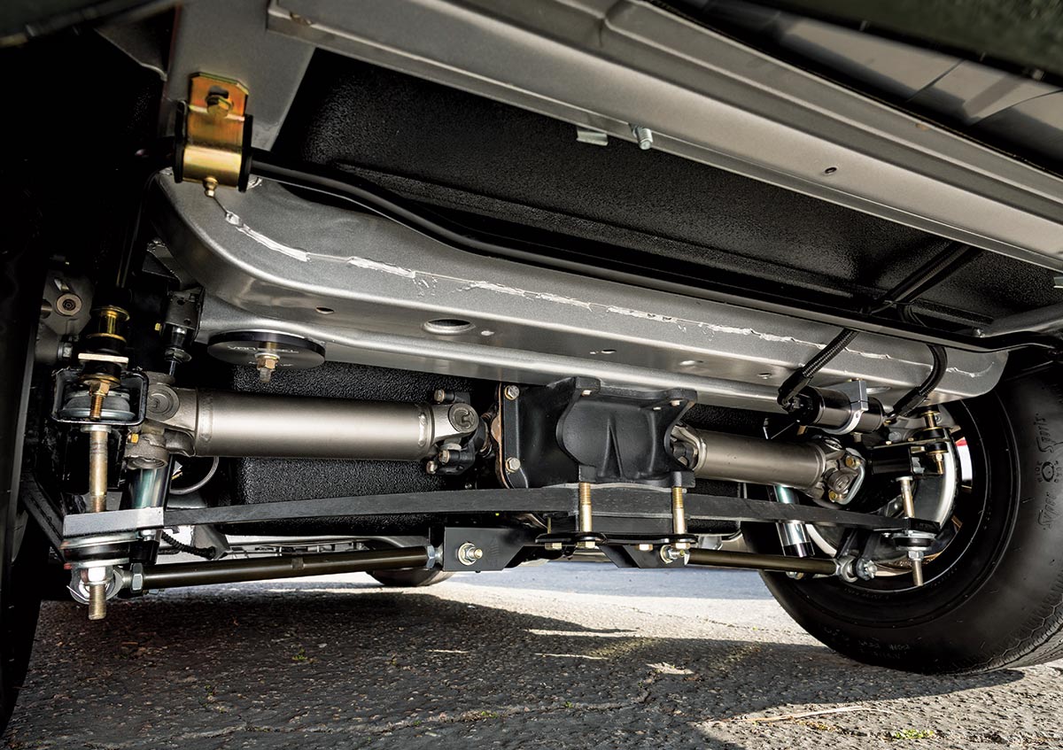 Underside view of the rear suspension and differential assembly.