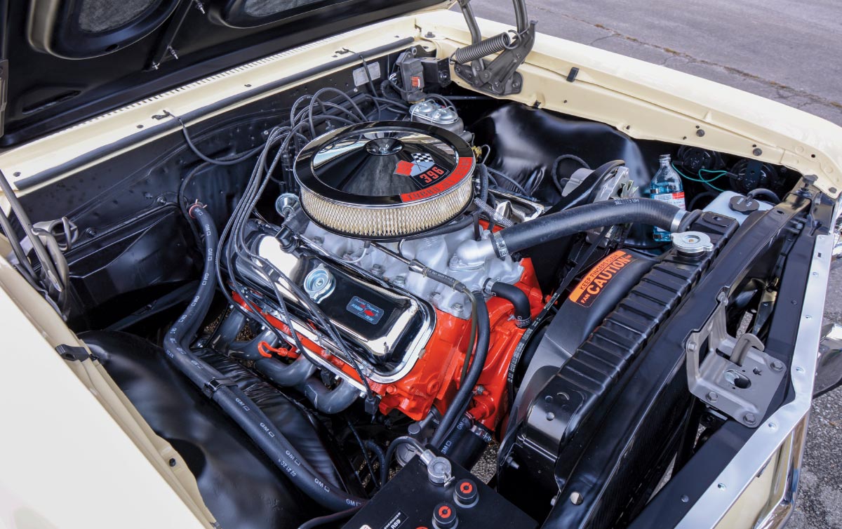 Clean engine bay of a Chevelle SS featuring a 396 Turbo-Jet V8 engine with a chrome air cleaner.