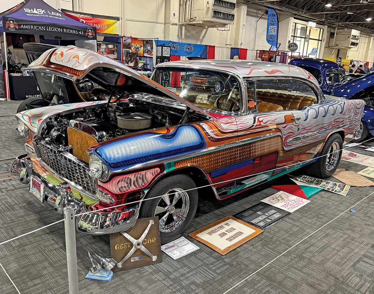 Detailed custom pinstriping on a classic Chevrolet panel