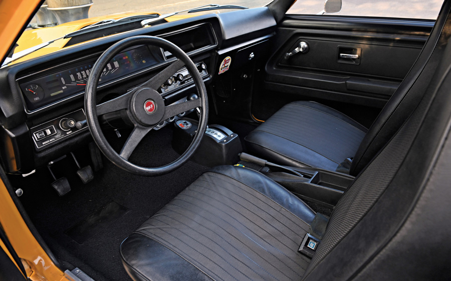Interior dashboard and front seats of a 1971 Chevrolet Vega