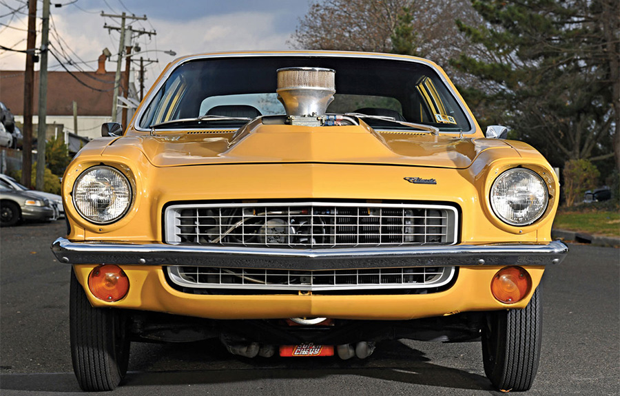 Front view of a yellow 1971 Chevrolet Vega street freak