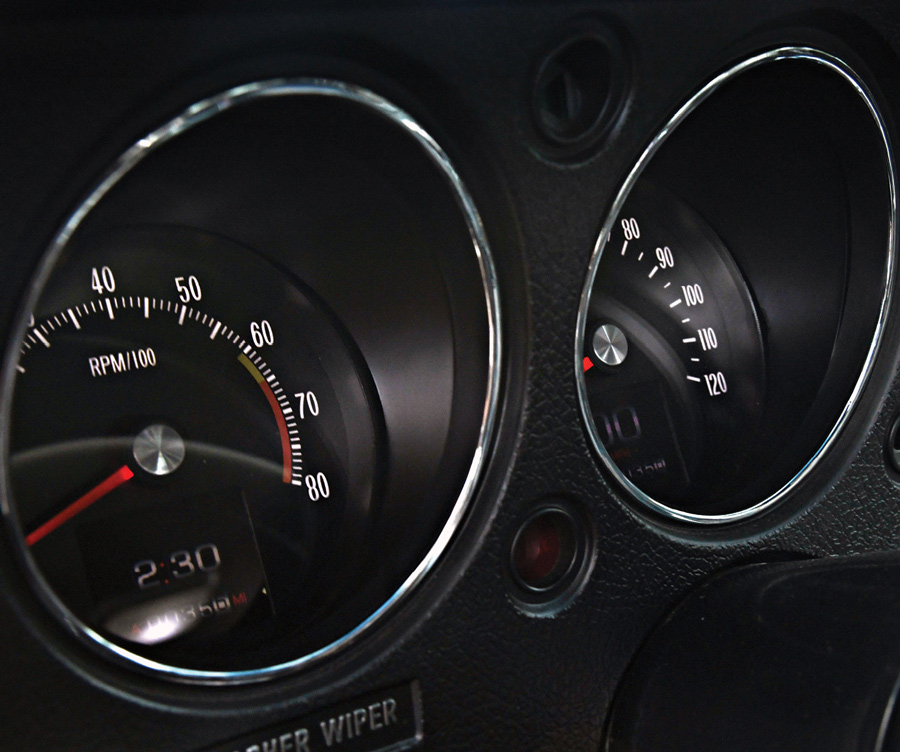 Close-up of the dashboard’s Dakota Digital RTX gauges