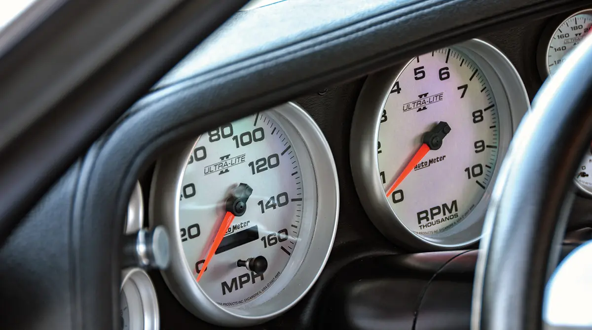 Detail of AutoMeter Ultra-Lite speedometer and tachometer gauges.