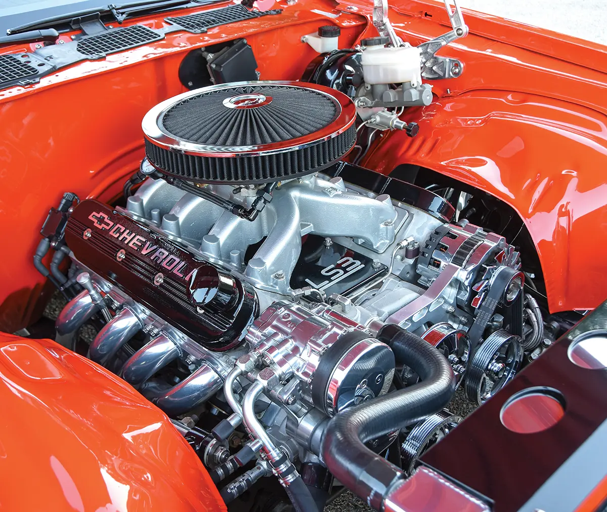 Detailed view of the LS376 engine and polished components.