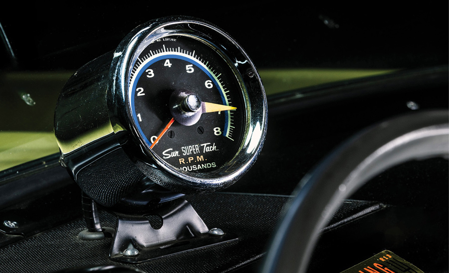 Close-up of the dashboard-mounted Sun Super Tachometer