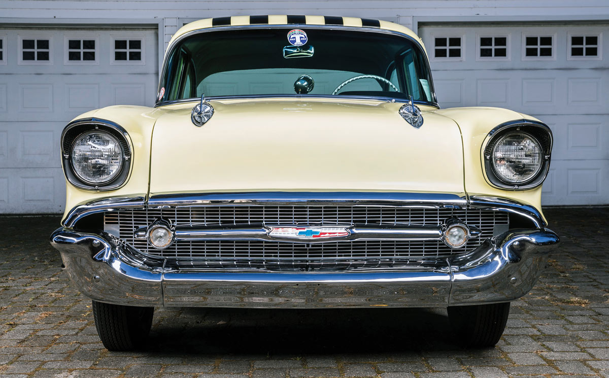 Direct front view of the 1957 Chevy 210's chrome grille and bumper