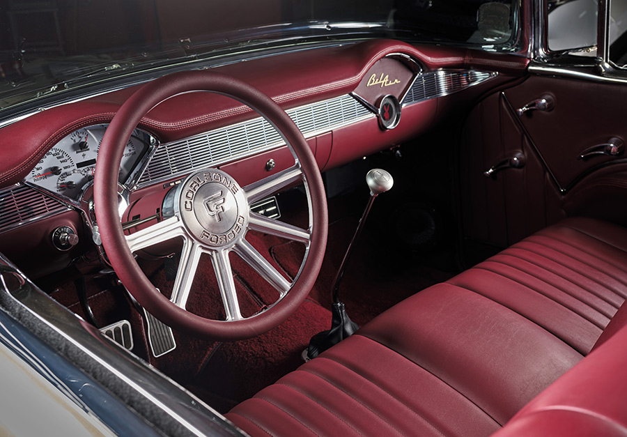 Custom red leather interior with Corleone Forged steering wheel.