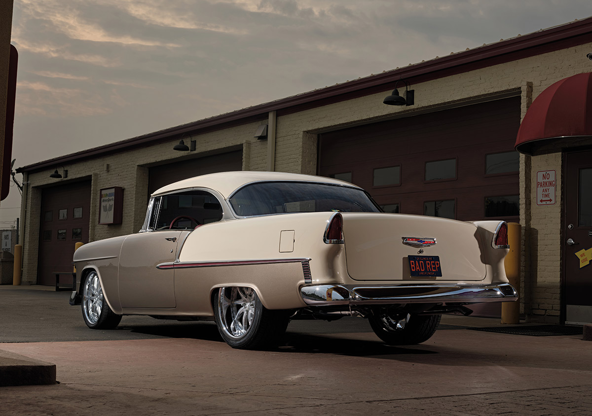 Rear three-quarter view of 1955 Bel Air restomod.