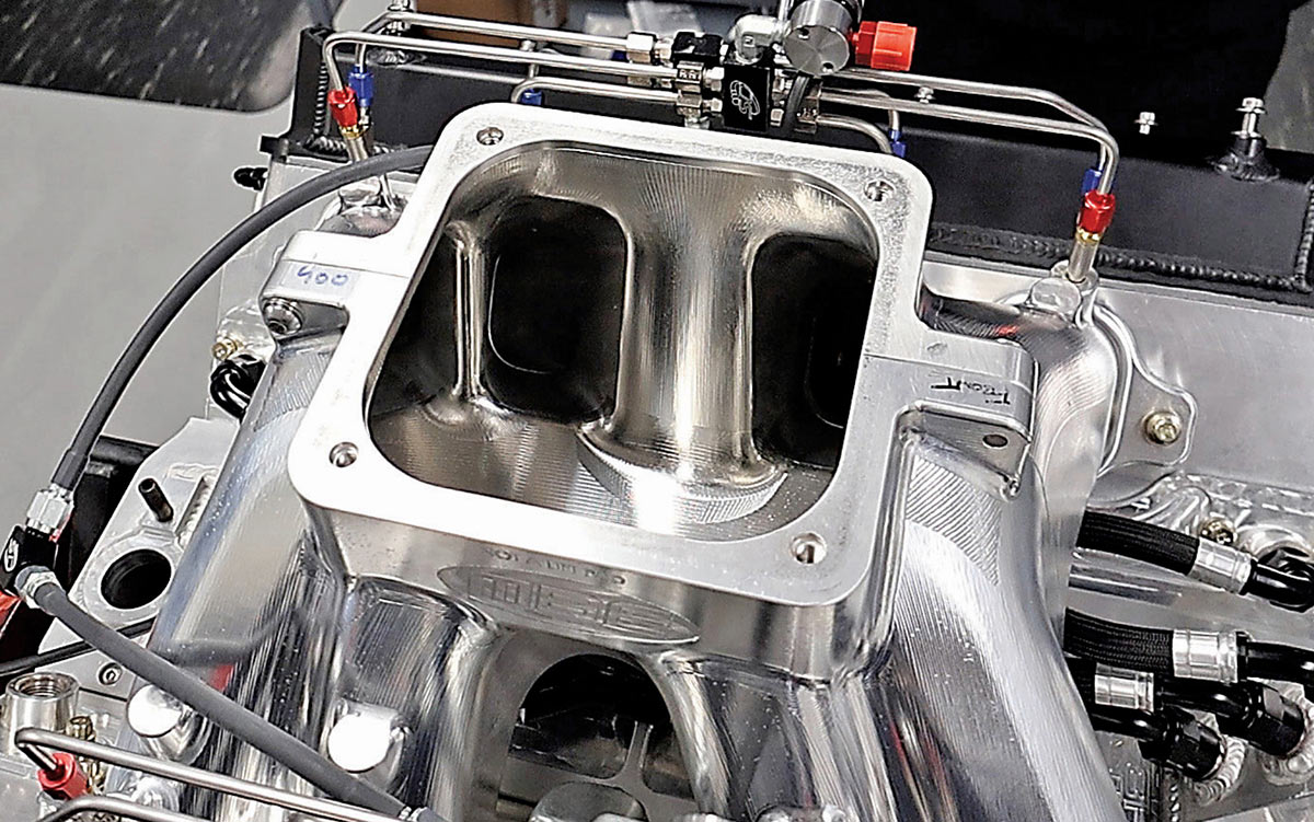 Looking down the throat of a billet intake manifold.