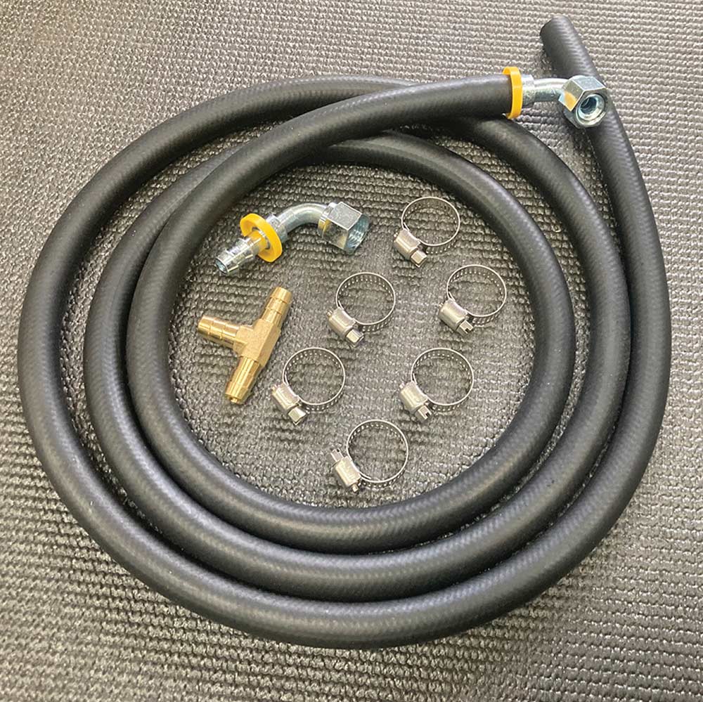 Coiled rubber hose and brass T-fitting.