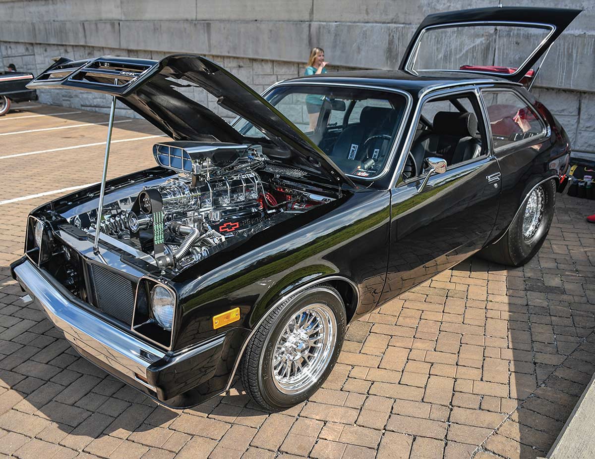 Black pro-street Chevette with massive blower