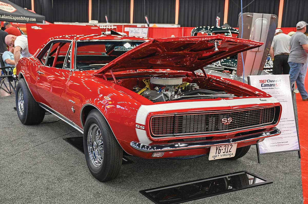 Red 1967 Camaro Motion tribute with white stripes