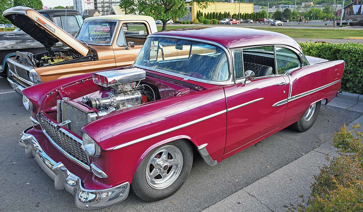 Burgundy 1955 Chevy with engine blower