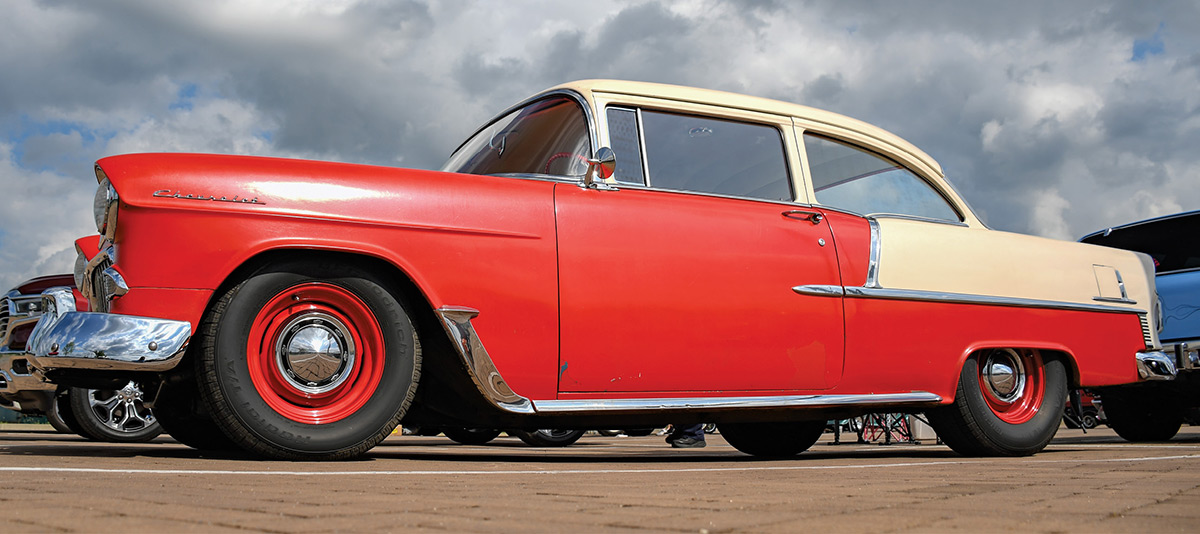Red and white 1955 Chevy Bel Air