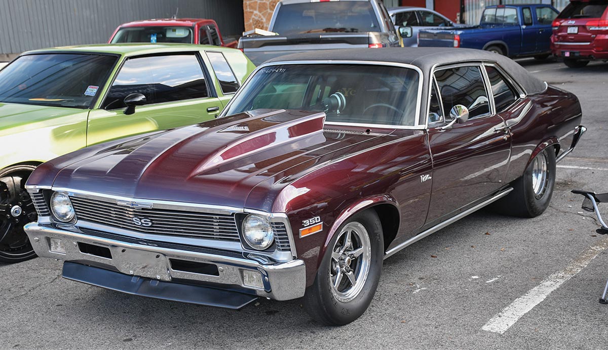Maroon 1972 Nova SS with a cowl hood