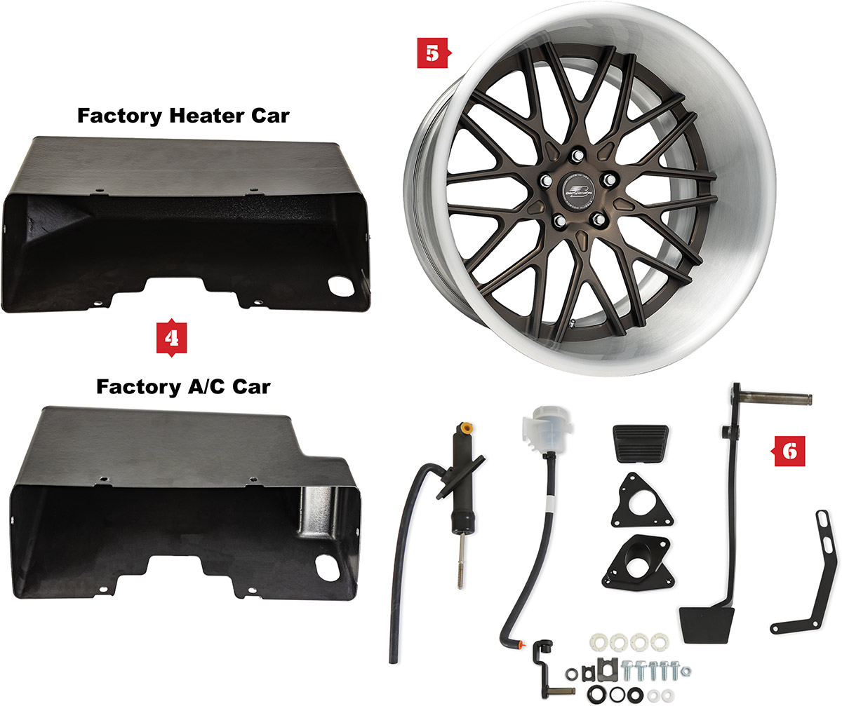 Custom car firewall covers, forged deep-dish wheel, and clutch pedal kit.