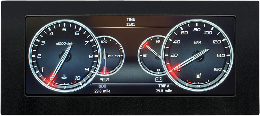 An AutoMeter 7400 InVision 8.8-inch digital dash displaying illuminated, customizable vehicle monitoring gauges.