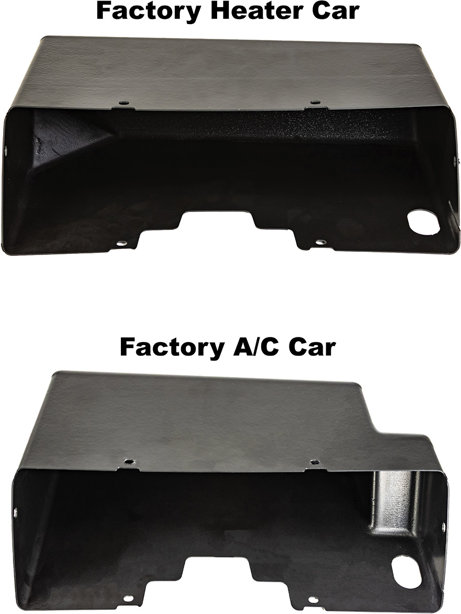 Two black reproduction glovebox inserts labeled for Factory Heater Car and Factory A/C Car configurations